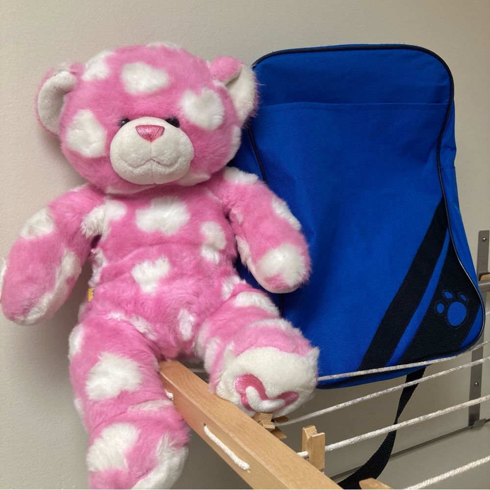 Build A Bear Pink White Heart Hug Me Bear Magnetic Paws Plush with Blue Bag